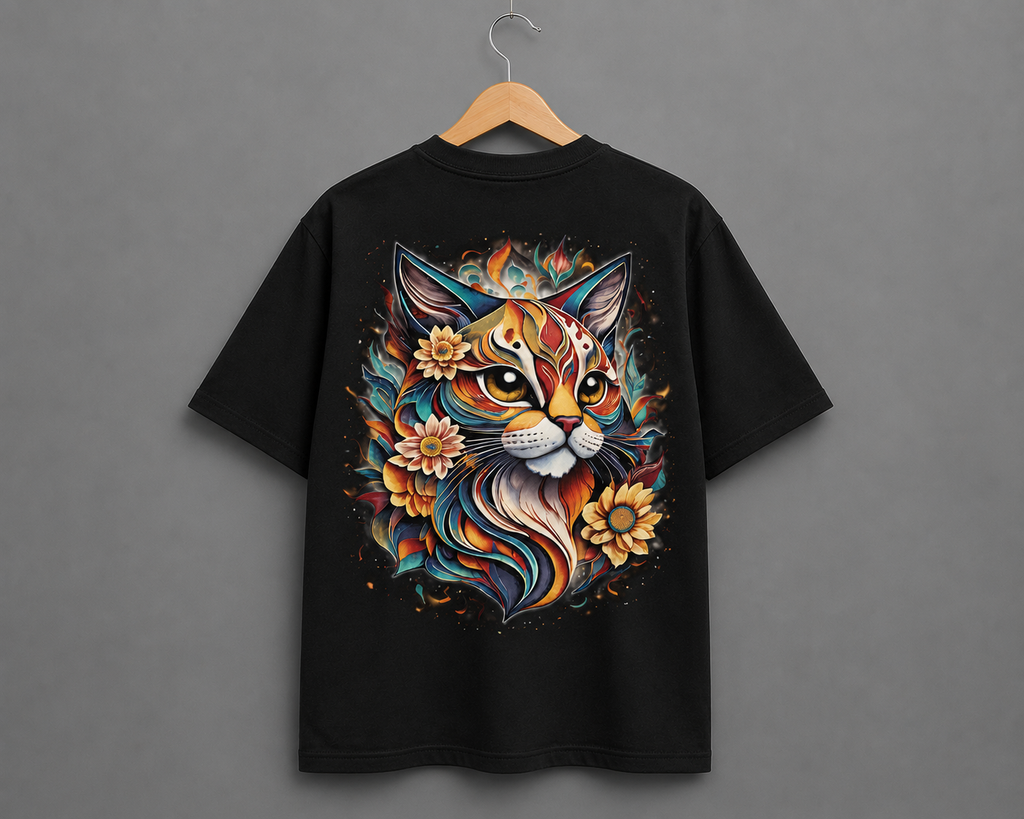 Vibrant Cat Graphic Oversized T-Shirt – Black