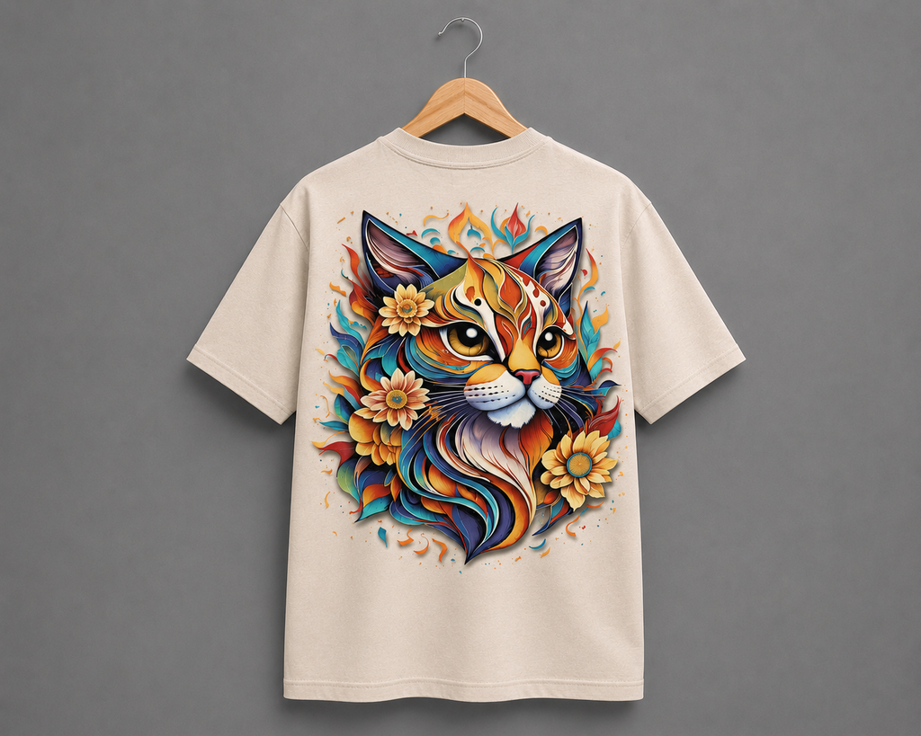 Vibrant Cat Graphic Oversized T-Shirt – Beige