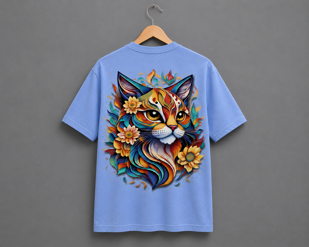 Vibrant Cat Graphic Oversized T-Shirt – Sky Blue