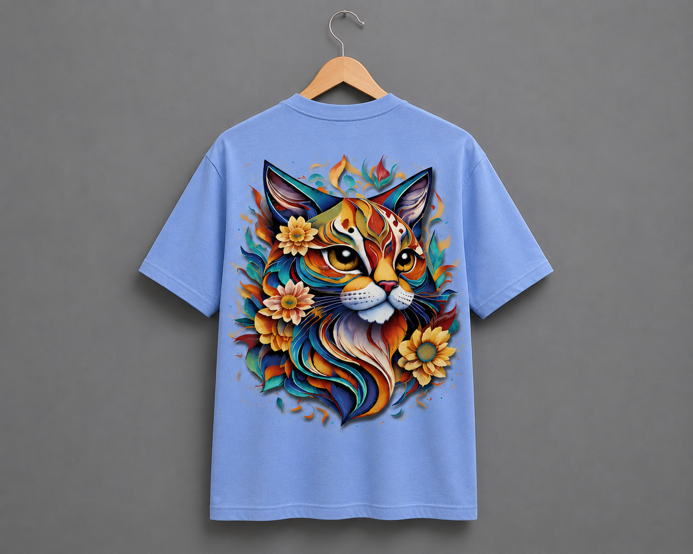 Vibrant Cat Graphic Oversized T-Shirt – Sky Blue